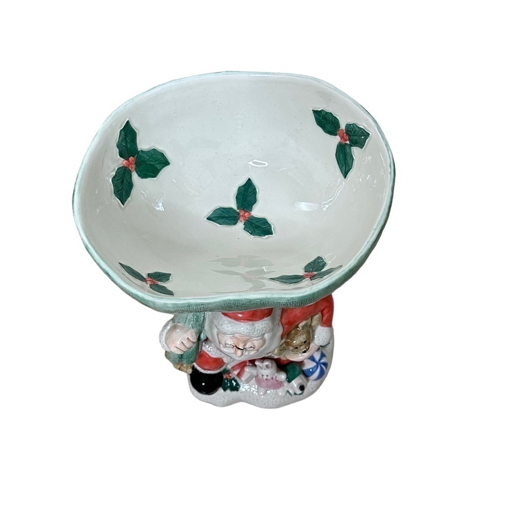 Vtg Fitz And Floyd 9.5" Ceramic Santa With Sack & Toys Footed Compote Bowl - Picture 5 of 8